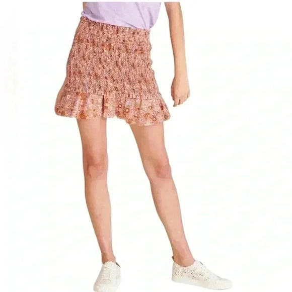 Veronica Beard Melodie Floral-Print Smocked Cotton Mini Skirt - Coral Size 10 - Picture 1 of 11